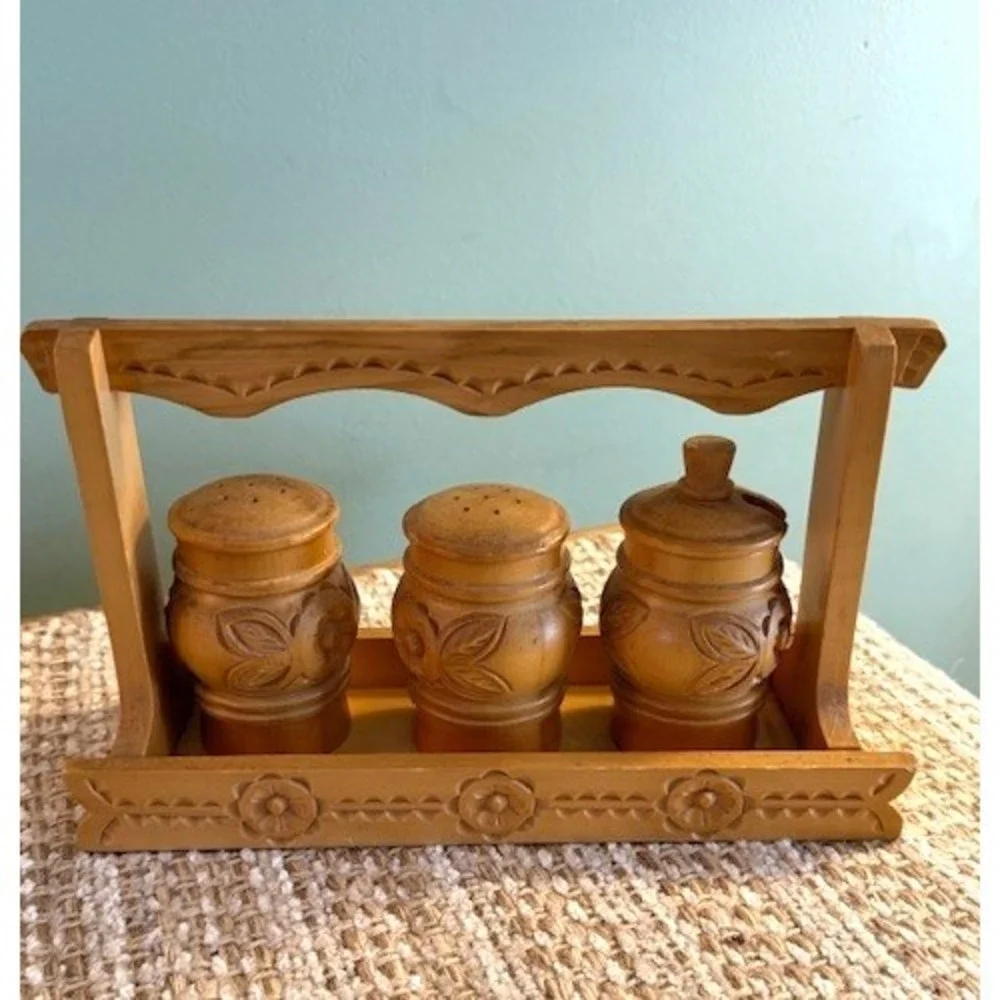 Vintage Hand Carved Wooden Condiments Set of 3 Carved Salt Pepper Caddy Tray